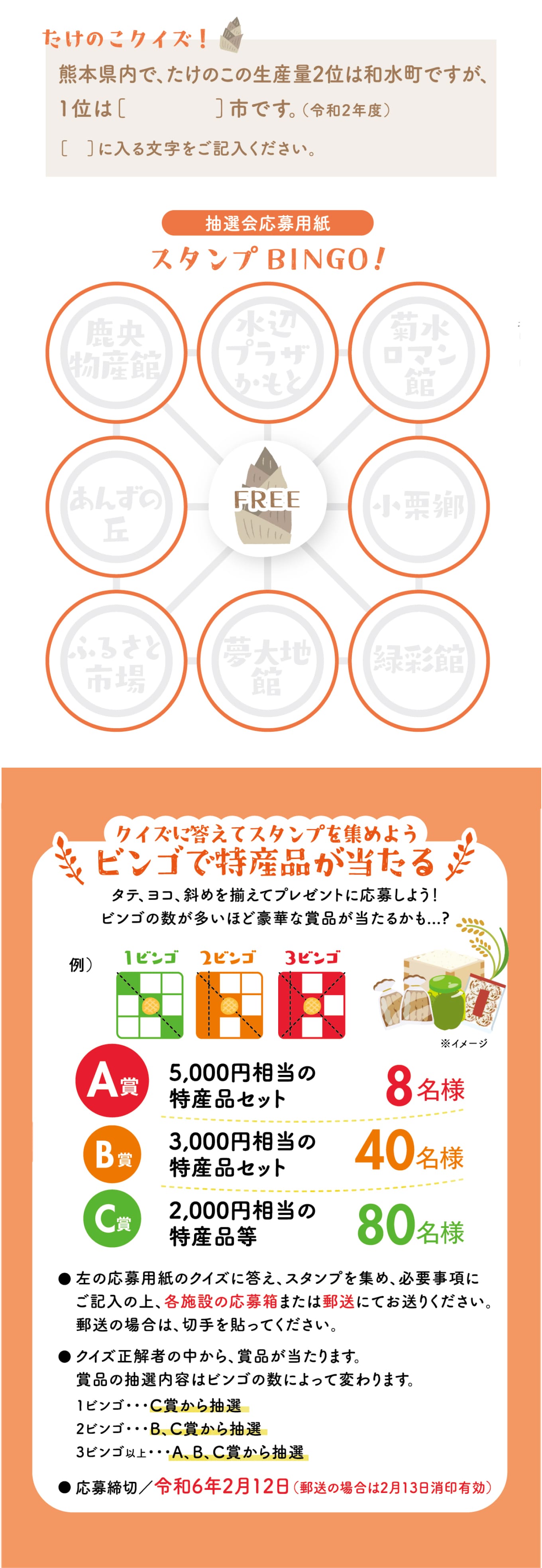 A賞：5,000円相当の特産品セット 8名様、B賞：3,000円相当の特産品セット 40名様、C賞：2,000円相当の特産品等 80名様／1ビンゴ…C賞から抽選 2ビンゴ…B、C賞から抽選 3ビンゴ…A、B。C賞から抽選／応募締め切り:令和6年2月12日（郵送の場合は2月13日消印有効）