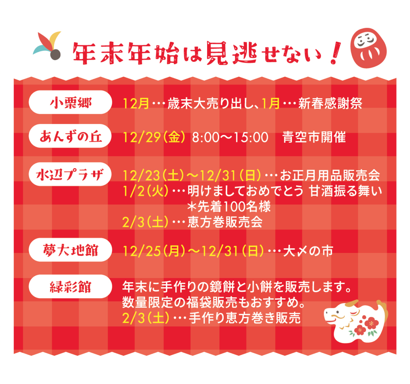 [小栗郷] 12月…歳末大売り出し、1月…新春感謝祭 [あんずの丘] 12/29(金) 8:00〜15:00 青空市開催 [水辺プラザ] 12/23(土)〜12/31(日)…お正月用品販売会、1/2(火)…明けましておめでとう 甘酒振る舞い※先着100名様、2/3(土)…恵方巻販売会 [夢大地館] 12/25(月)〜12/31(日)…大〆の市 [緑彩館] 年末に手作りの鏡餅と小餅を販売します。数量限定の福袋販売もおすすめ。2/3(土)…手作り恵方巻き販売